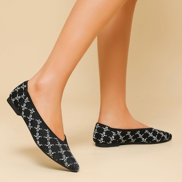 Women's Flats Shoes Pointed Toe Ballet Comfortable Dressy Slip On Stripe Black - Picture 4 of 6